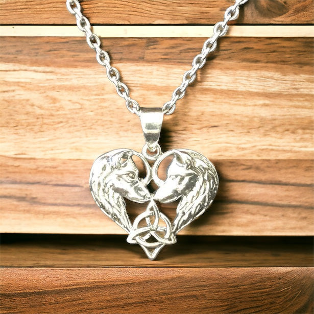 Handcast 925 Sterling Silver Celtic Wolf Heart Pendant accented w/ Celtic Trinity Triquetra Knot + Free Chain Necklace