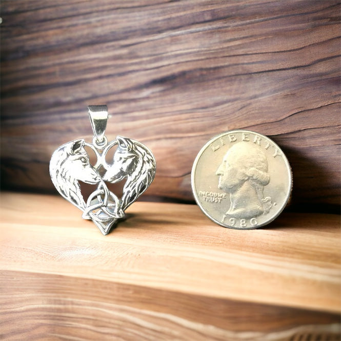 Handcast 925 Sterling Silver Celtic Wolf Heart Pendant accented w/ Celtic Trinity Triquetra Knot + Free Chain Necklace