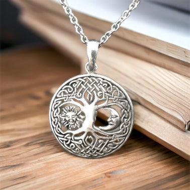 Handcast 925 Sterling Silver Tree of Life Sun Moon Necklace