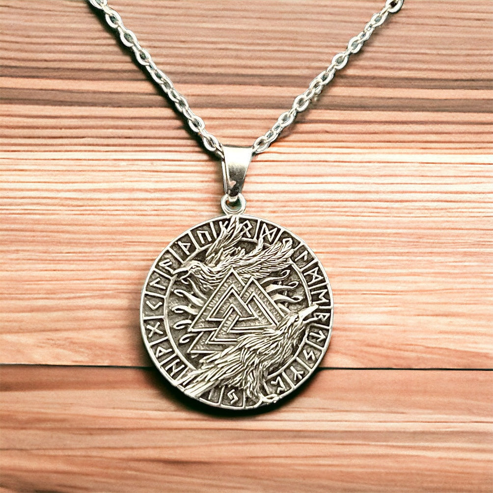 Handcast 925 Sterling Silver Norse Viking Celtic Raven Hugin and Munin Valknut Rune Alphabet Pendant Necklace