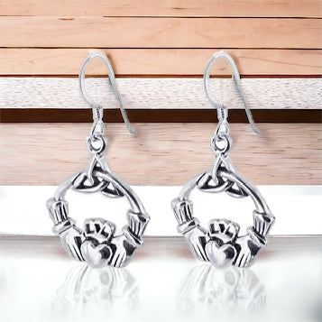 Sterling Silver Irish Claddagh Dangle Earrings w/ Trinity Knot