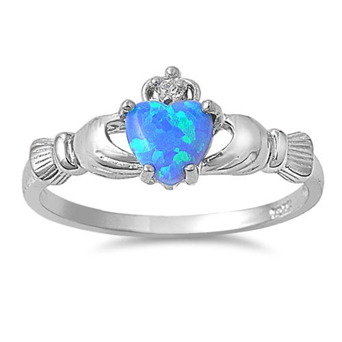 Sterling Silver Irish Claddagh Ring w/ Blue Opal