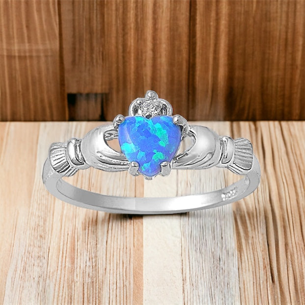 Sterling Silver Irish Claddagh Ring w/ Blue Opal