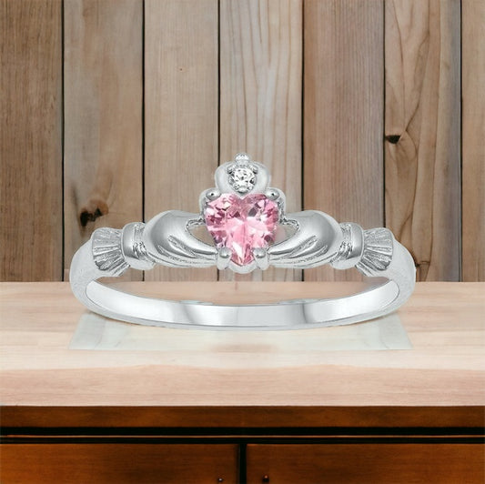 Sterling Silver Irish Claddagh Ring Pink CZ Heart Size 1-10