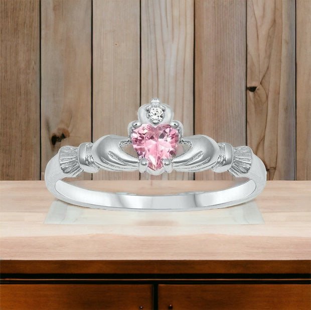 Sterling Silver Irish Claddagh Ring Pink CZ Heart Size 1-10