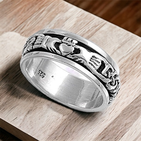 Sterling Silver Men's Irish Claddagh Spinner Band Ring