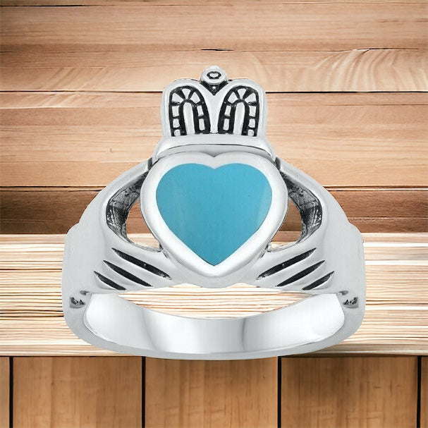 Sterling Silver Men's Irish Claddagh Ring w/ Turquoise