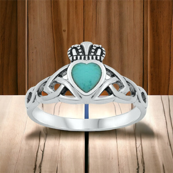 Sterling Silver Irish Claddagh Ring w/ Turquoise Heart Size 5-9