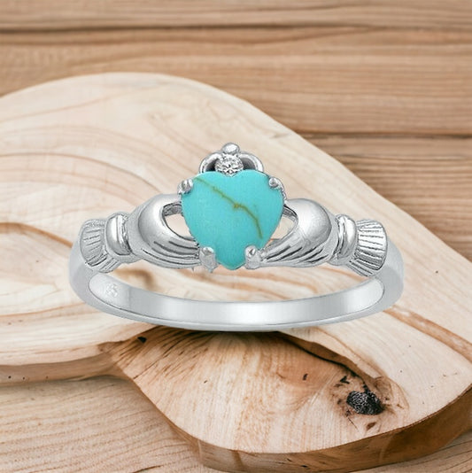 Sterling Silver Irish Claddagh Ring w/ Turquoise Heart Size 4-10