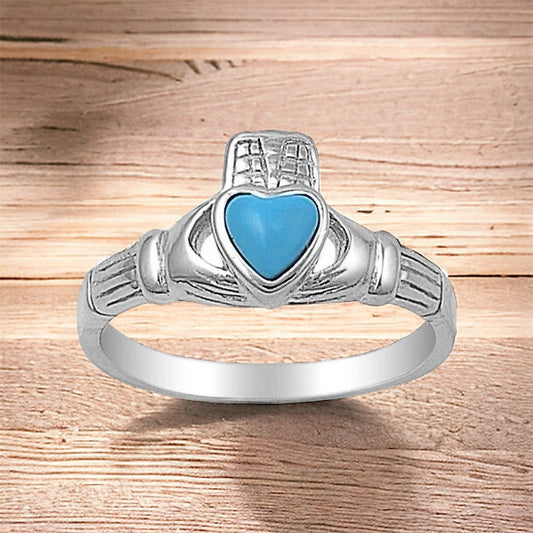 Sterling Silver Irish Claddagh Ring w/ Turquoise Heart Size 4-9