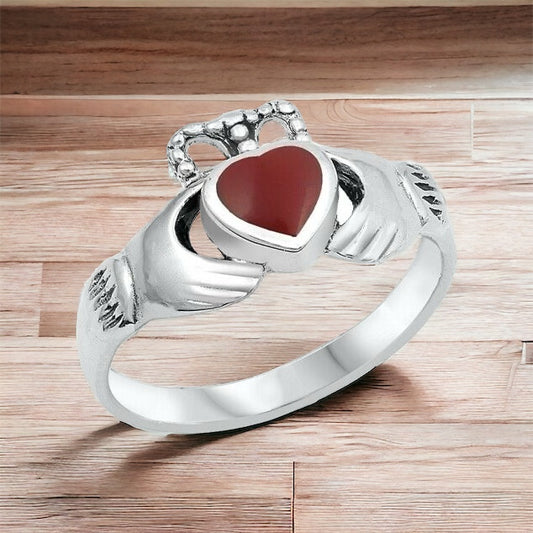 Sterling Silver Irish Claddagh Ring w/ Red Agate Heart Size 4-9