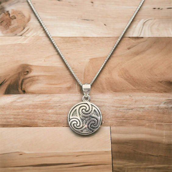 Handcast 925 Sterling Silver Celtic Triskele Triple Spiral Triskelion Pendant + Free Chain