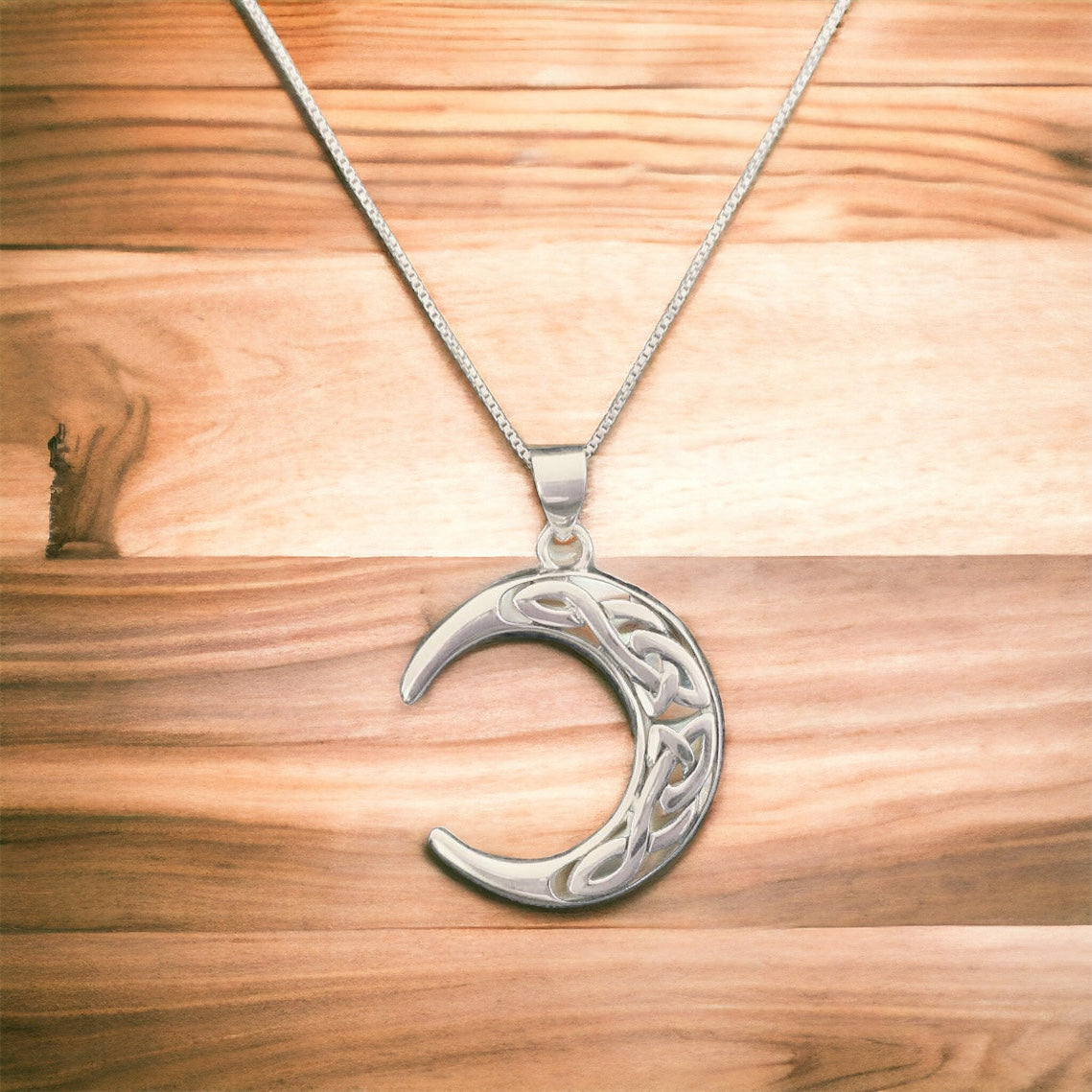 Handcast 925 Sterling Silver Irish Celtic Crescent Moon Pendant + Free Chain Necklace