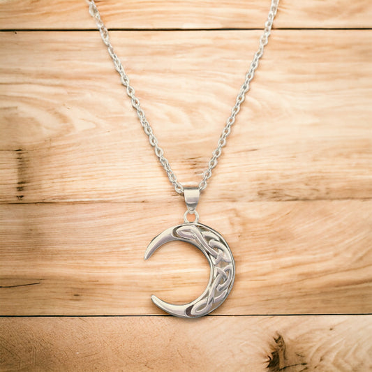 Handcast 925 Sterling Silver Irish Celtic Crescent Moon Pendant + Free Chain Necklace