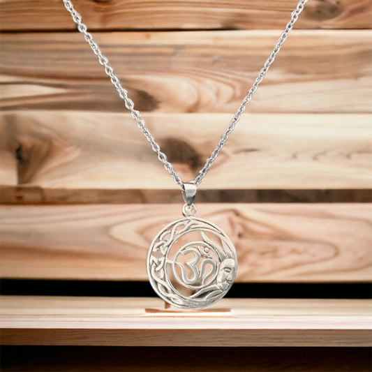 Handcast 925 Sterling Silver Celtic Crescent Moon Sun Om Pendant + Free Chain
