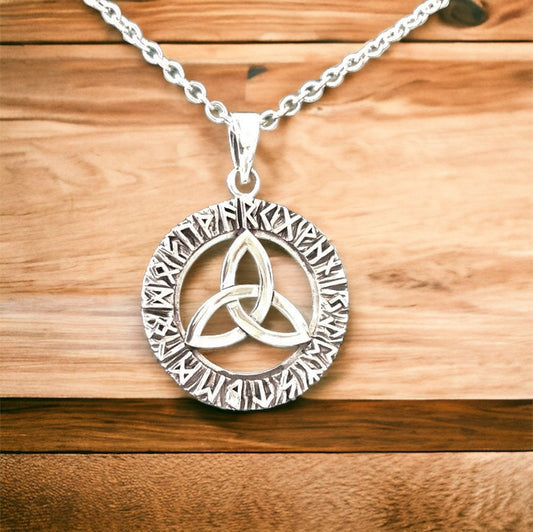 Handcast 925 Sterling Silver Celtic Triquetra Trinity Knot Pendant Runic Alphabet Viking Norse + Free Chain Necklace