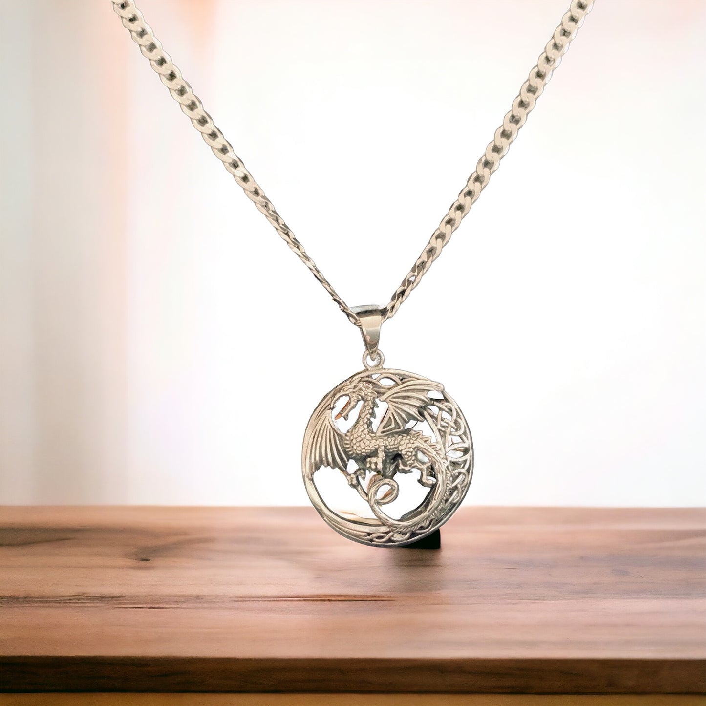 Handcast 925 Sterling Silver Celtic Dragon Pendant Necklace + Free Chain