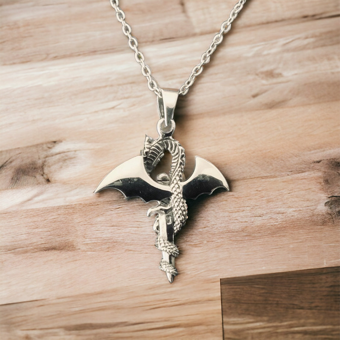 Large 925 Sterling Silver Medieval Dragon Necklace