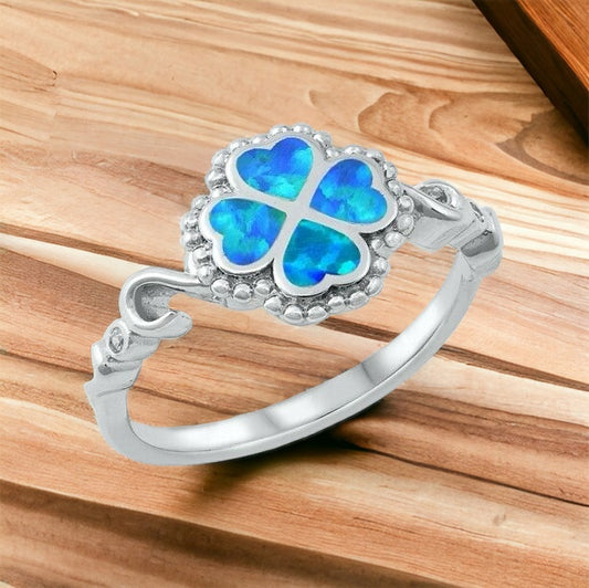 925 Sterling Silver Four Leaf Clover Blue Lab Opal Ring Band Size 5-10