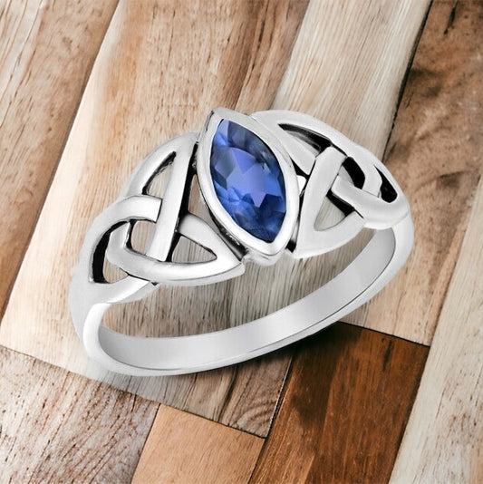Silver Celtic Trinity / Triquetra Knot Ring Sapphire Blue CZ Size 4-10