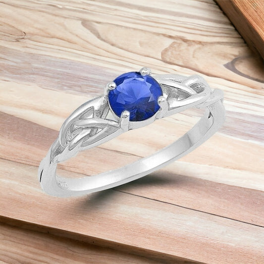 Silver Celtic Trinity / Triquetra Knot Ring Blue Sapphire CZ Size 4-10