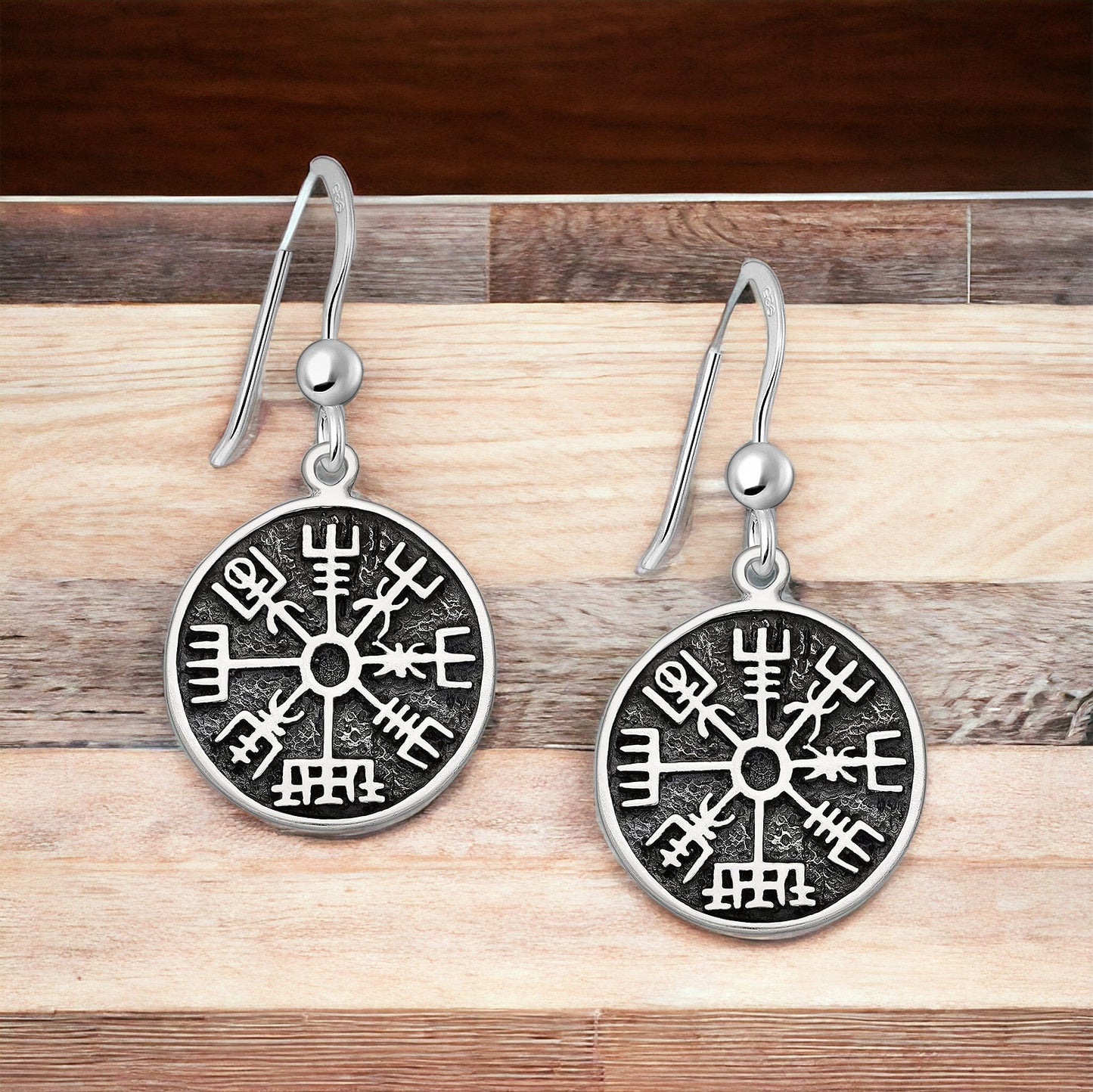 925 Sterling Silver Viking Compass Vegvisir Dangle Earrings