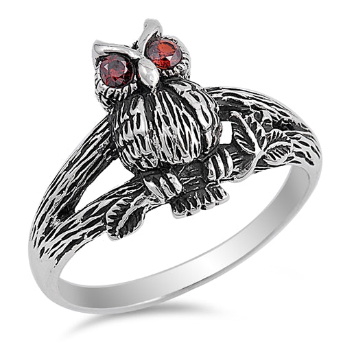925 Sterling Silver Owl with Garnet CZ Eyes Ring Band Size 5-11