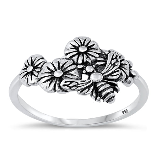 925 Sterling Silver Flower and Bee Ring Band Size 4-10