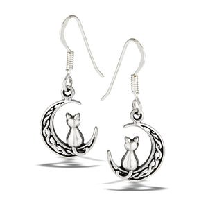 925 Sterling Silver Celtic Crescent Moon Cat Dangle Earrings