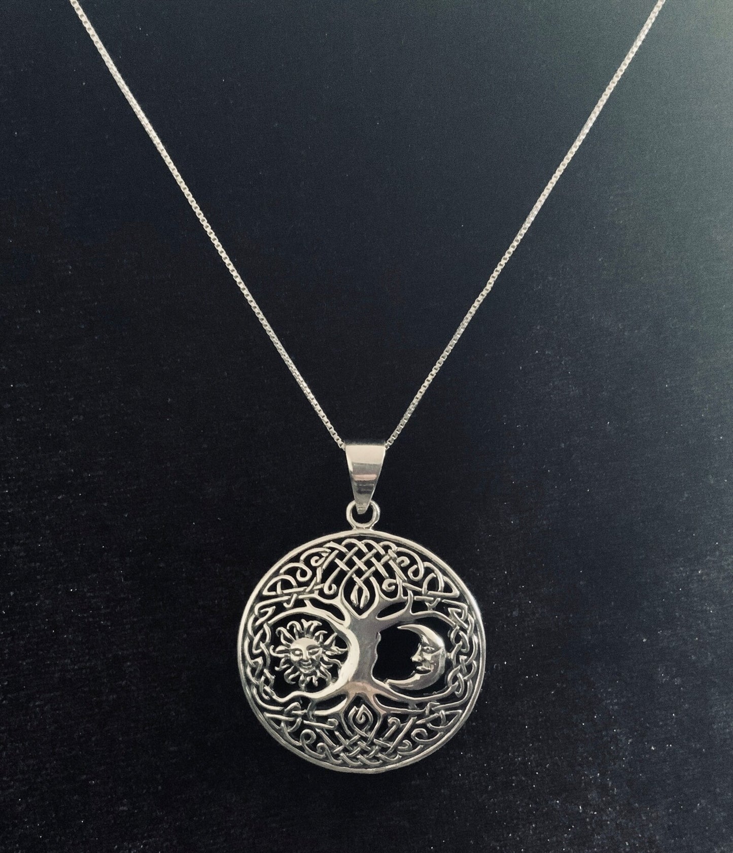 Handcast 925 Sterling Silver Tree of Life Sun Moon Necklace