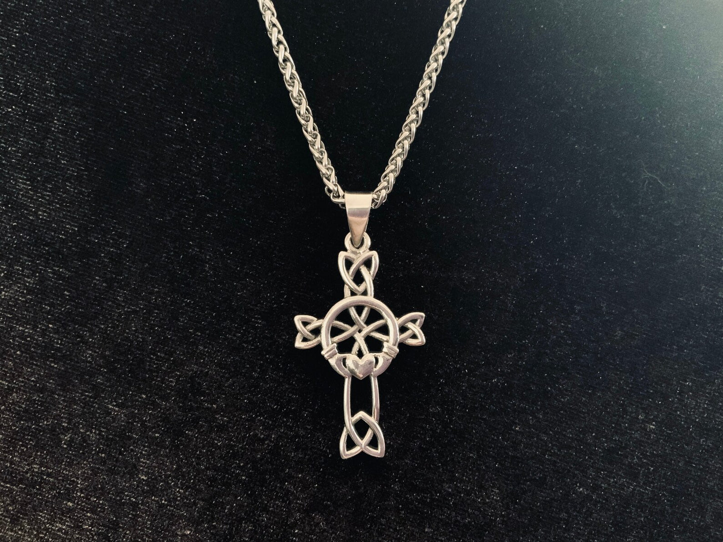 Handcast Large 925 Sterling Silver Unisex Irish Celtic Claddagh Claddaugh Cross Pendant Necklace Free Chain