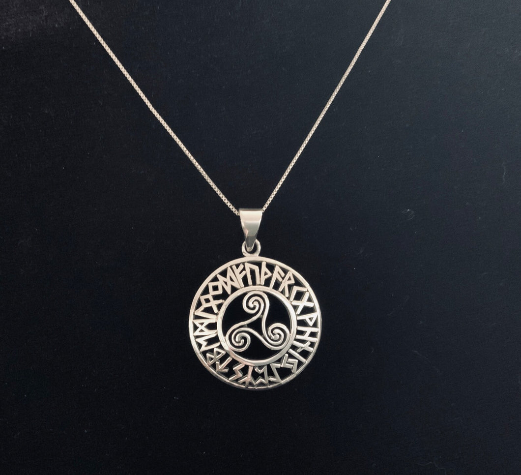 Handcast 925 Sterling Silver Celtic Viking Triskele Triple Spiral Triskelion Pendant Necklace 24 Runes + Free Chain