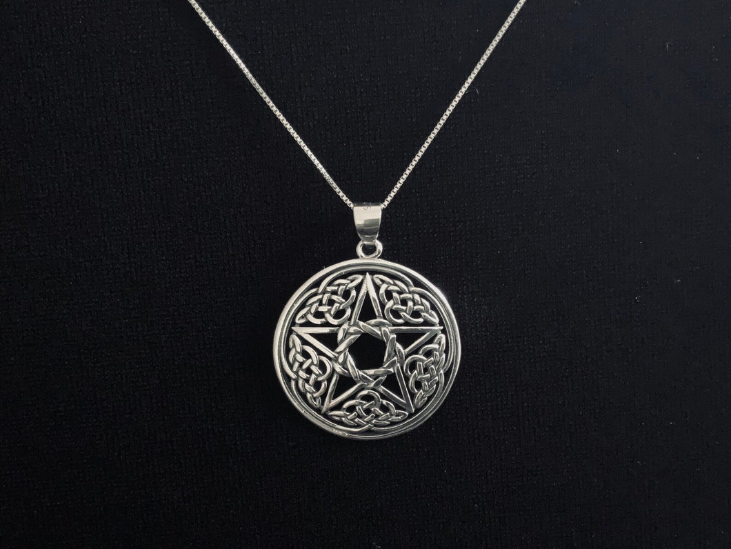 925 Sterling Silver Celtic Star Pentacle Pentagram Pendant + Free Chain