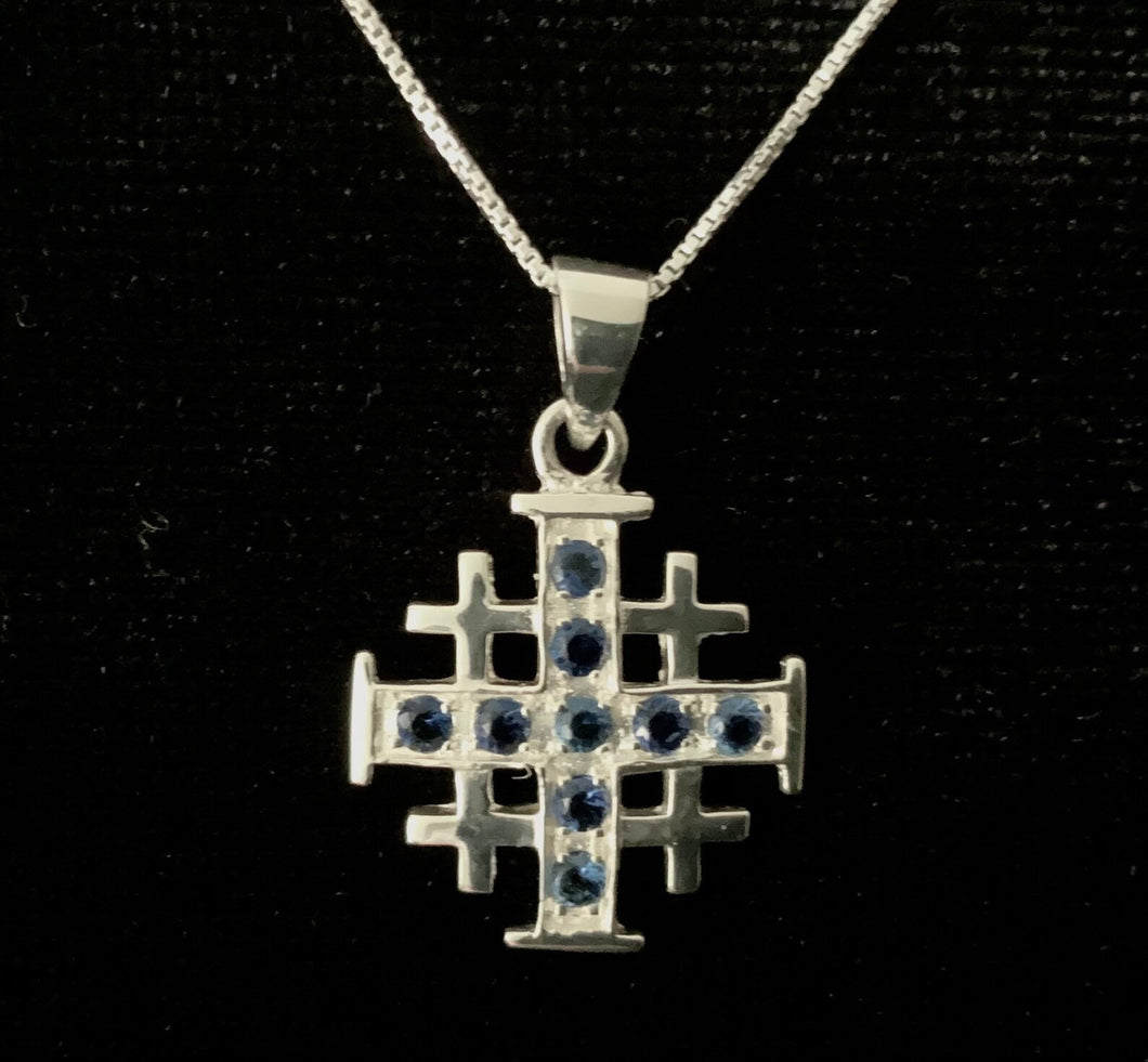 925 Sterling Silver Jerusalem / Crusader Cross w/ Blue Sapphire CZ Pendant Necklace + Free Chain