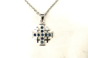 925 Sterling Silver Jerusalem / Crusader Cross w/ Blue Sapphire CZ Pendant Necklace + Free Chain