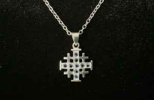 925 Sterling Silver Jerusalem / Crusader Cross w/ Blue Sapphire CZ Pendant Necklace + Free Chain