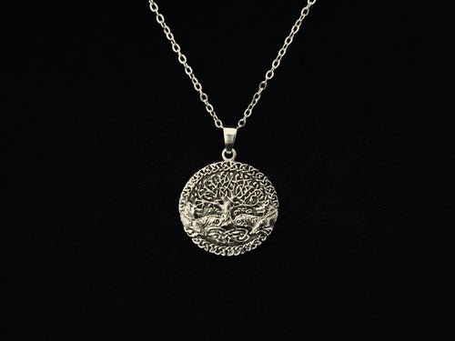 925 Sterling Silver Celtic Tree of Life Pendant w/ Viking Wolves+ Free Chain