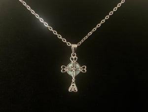925 Sterling Silver Celtic Knot Cross White Opal Pendant Necklace + Free Chain