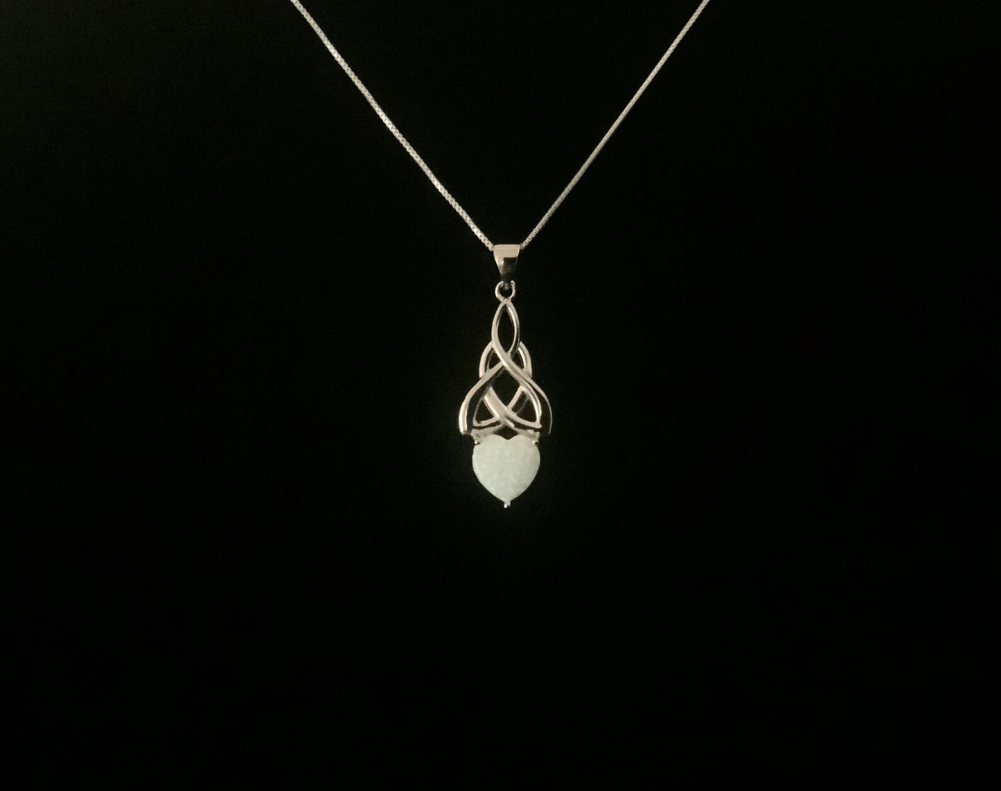 925 Sterling Silver Celtic Loveknot Heart White Opal Pendant + Free Chain