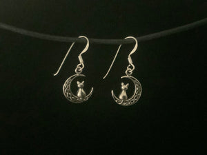 925 Sterling Silver Celtic Crescent Moon Cat Dangle Earrings
