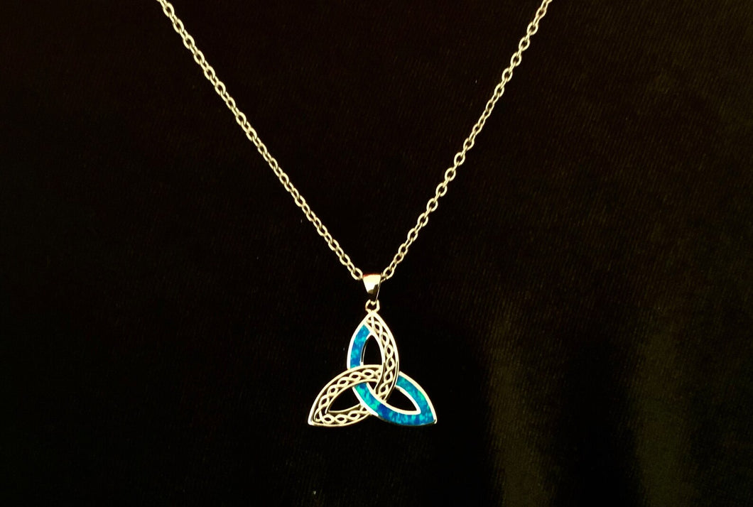 925 Sterling Silver Fire Blue Opal Celtic Triquetra Trinity Knot + Free Chain Necklace