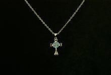 925 Sterling Silver Celtic Knot Cross Fire Blue Opal Pendant Necklace + Free Chain