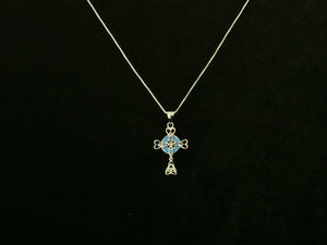 925 Sterling Silver Celtic Knot Cross Fire Blue Opal Pendant Necklace + Free Chain