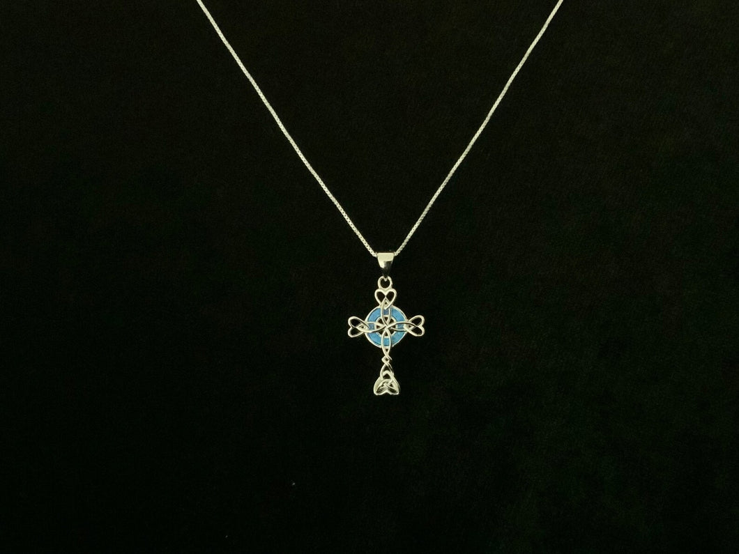 925 Sterling Silver Celtic Knot Cross Fire Blue Opal Pendant Necklace + Free Chain