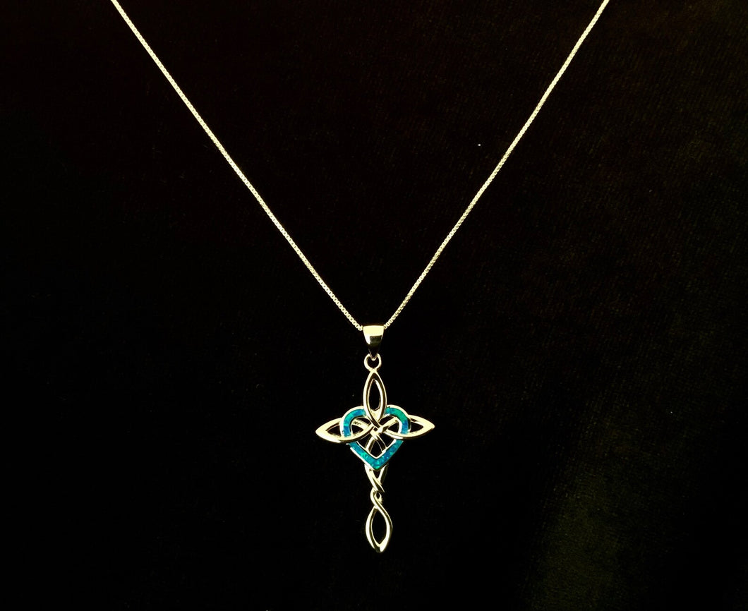 Large 925 Sterling Silver Celtic Knot Cross Fire Blue Opal Heart Pendant Necklace + Free Chain