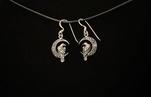925 Sterling Silver Celtic Crescent Moon Raven Dangle Earrings