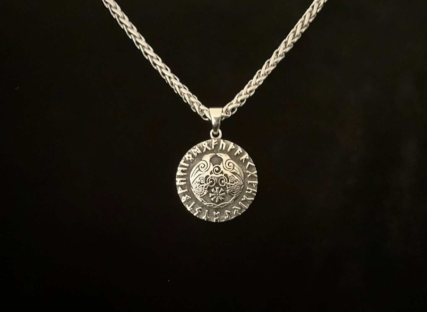 Handcast 925 Sterling Silver Norse Viking Celtic Raven Huginn and Muninn Rune Alphabet Pendant Necklace