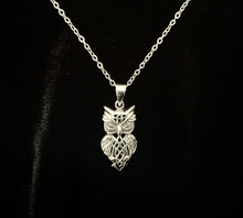 Handcast 925 Sterling Silver Owl Pendant accented with Celtic Knotwork + Free Chain