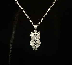 Handcast 925 Sterling Silver Owl Pendant accented with Celtic Knotwork + Free Chain