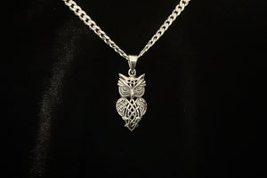 Handcast 925 Sterling Silver Owl Pendant accented with Celtic Knotwork + Free Chain